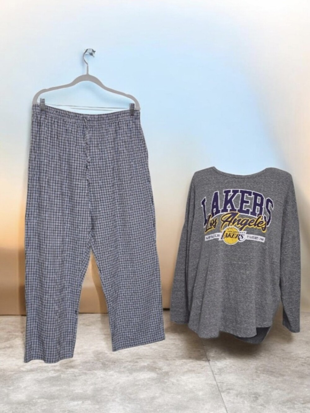 #K97 Los Angeles Lakers Men's Gray Long-Sleeve Pajama Top and Plaid Pants